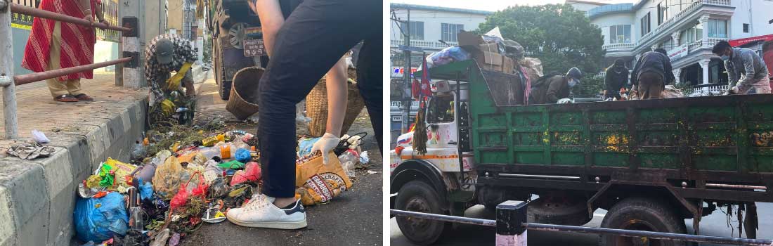 ネパールの道に落ちたゴミと収集車の写真