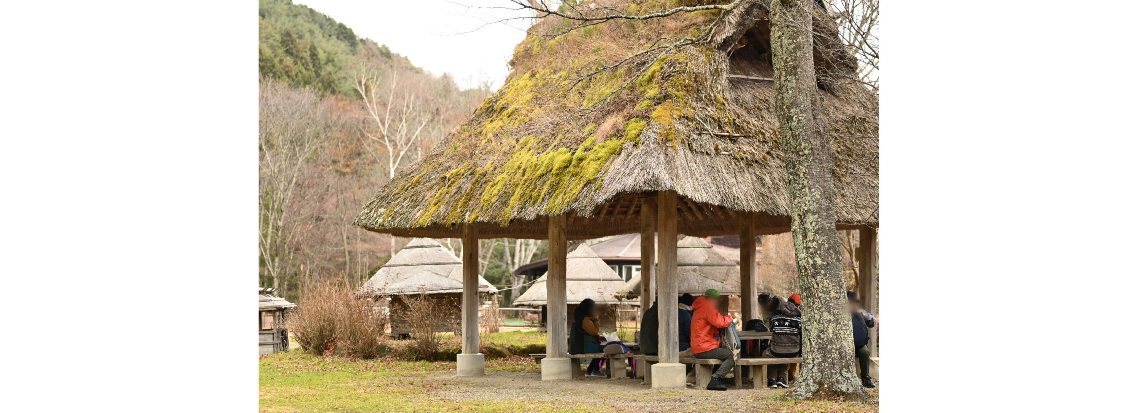 屋根のついたベンチの写真